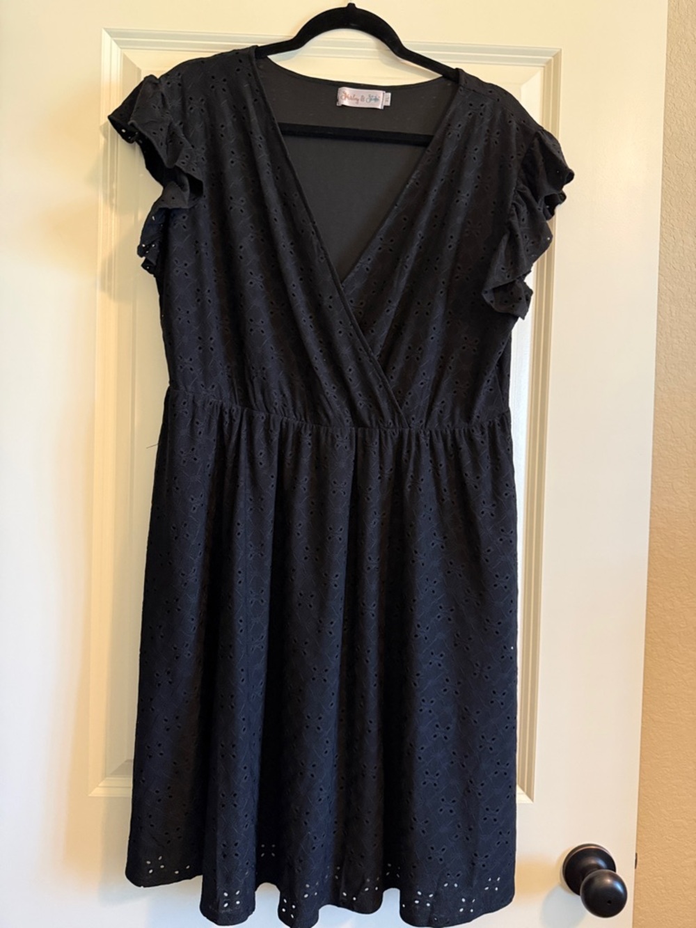 Shirley & Stone Surplice Eyelet Midi Dress with Flutter Sleeves - Black